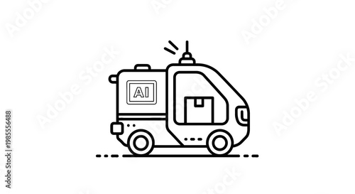 Autonomous delivery vehicle with AI signage and antenna outlined vector illustration for future logistics and transportation