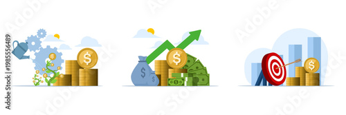 Investment growth illustration set with passive income concept, financial development, and money management strategy, clean flat vector banner design.