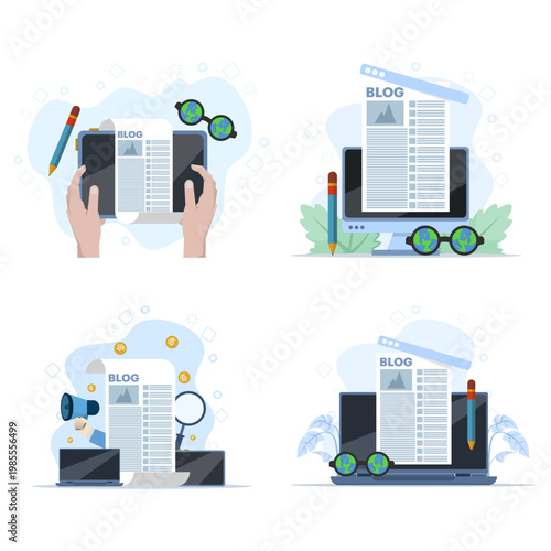 Content writing illustration set featuring blog creation concepts, freelance work lifestyle, and digital marketing strategies in a modern creative workflow. flat vector illustration.