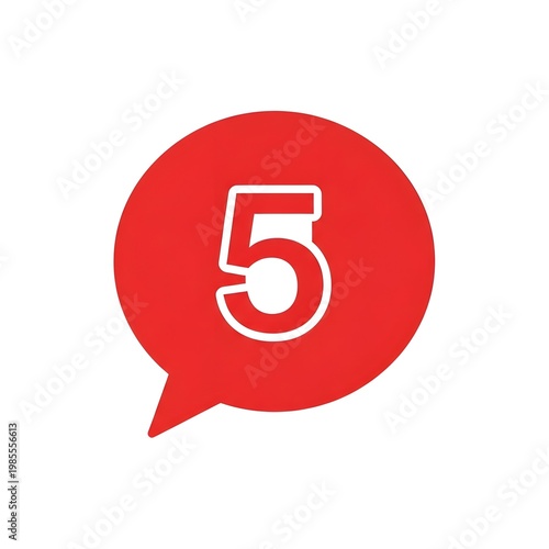 Red Speech Bubble with White Number Five and Outline on White Background