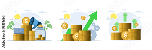 Investment and financial growth illustration set with budgeting, money management, and financial services, showing wealth accumulation in modern flat design style.