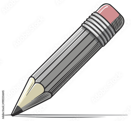 Illustration of a grey graphite pencil with pink rubber eraser sketching a dark line on white paper for drawing or writing