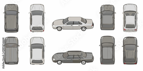 Top down view of various modern sedan and suv vehicle designs