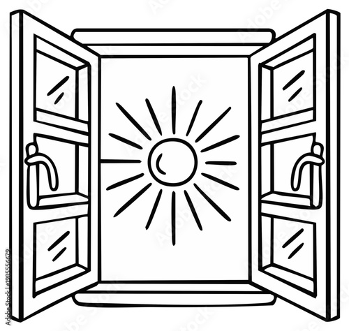 Open window frame reveals bright shining sun streaming in during daytime offering glimpse of clear sky filling the interior space