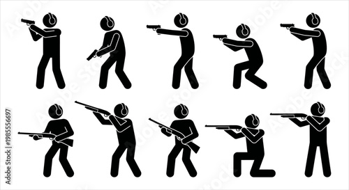 Collection of stick figure illustrations depicting various gun handling actions