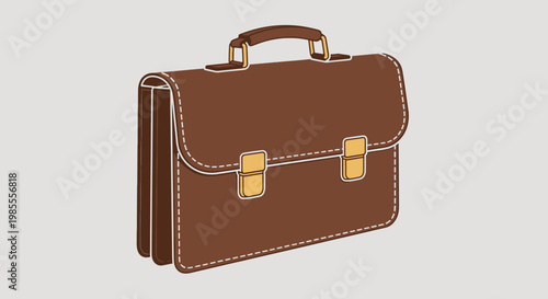 Brown leather briefcase with stitched edging gold hardware and handle angled view classic accessory for professional work and travel