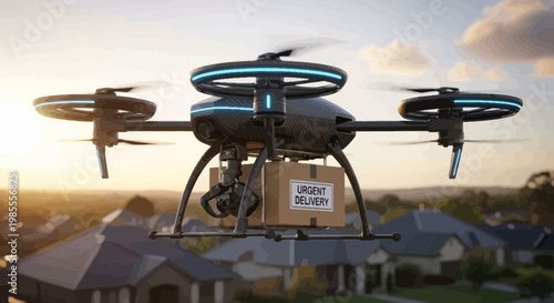 Delivery drone carrying package flying over suburban houses at sunset in cartoon style illustration rendering with blue lights