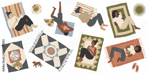 Diverse women relaxing on colorful rugs in a summery artistic illustration