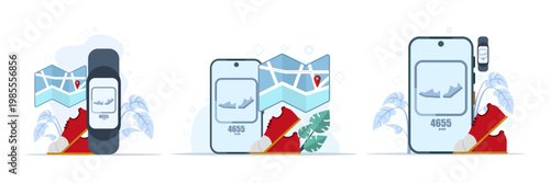 Fitness tracking app illustration set with running tracker, step counter, and wearable wristband, sports showing technology on smartphone in modern flat cartoon style.