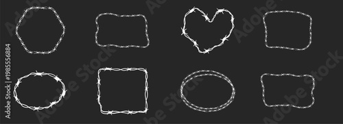 Barbed wire white frame set silhouette border, fence on dark background. Spiked wire with sharp barbs along its perimeter. Twisted ring y2k, round border tattoo, gothic textured steel frame,