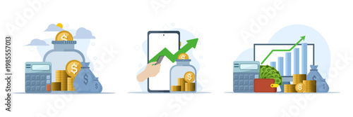 Investment illustration set with financial growth, investor strategy, saving wallet, banking system, and piggy bank concept, clean flat vector design.
