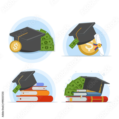 Set of scholarship themed cartoon vector icons with graduation cap and money, education finance concept, premium isolated flat illustrations, perfect for tuition support, grants, learning, and design.
