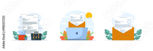 Job application illustration set with email submission, vacancy listings, and application methods, designed for recruitment materials like posters, banners, and brochures in flat style.