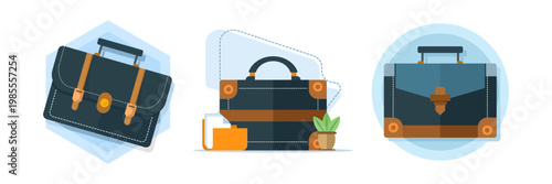 Flat illustration of business suitcase icon set, representing office work, corporate travel, and professional career elements in clean modern style. flat design illustration on background.