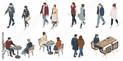 Isometric illustration of diverse people walking and socializing outdoors