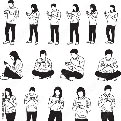Diverse group of people using smartphones in various casual poses and positions