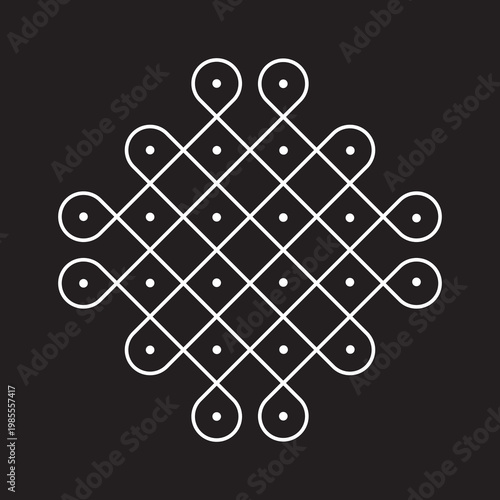 Fotografía Traditional Indian Sikku Kolam Rangoli Design Featuring White Geometric Interlaced Line Art and Dots on a Black Background, Symmetrical Folk Art Pattern Vector Illustration