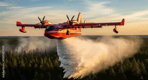 Firefighting plane dropping water over a forest in a cartoon style battling wildfire with retro painting effect and strong contrasting colors