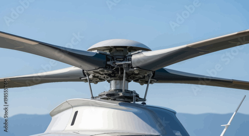 Close-up of modern helicopter rotor blades against blue sky in cartoon style illustration for transportation and aviation concepts