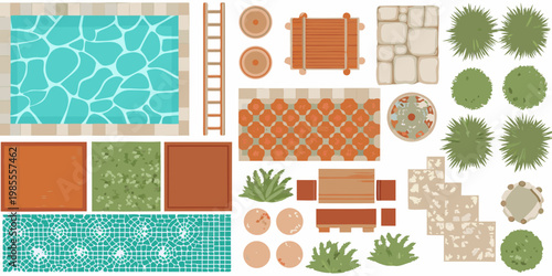 A colorful top down view of various outdoor elements and arrangements