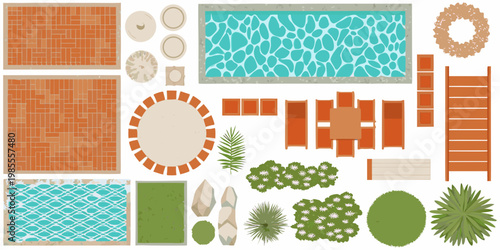 Overhead view of a summer backyard with pool patio and landscaping