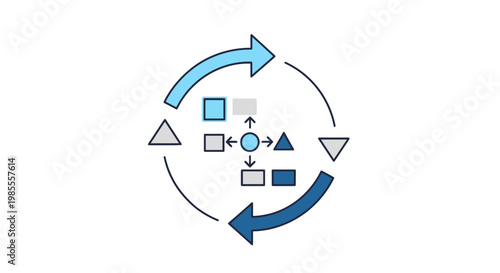 Agile iterative development process visual concept with circular arrows geometric shapes and continuous loop in blue and gray tones