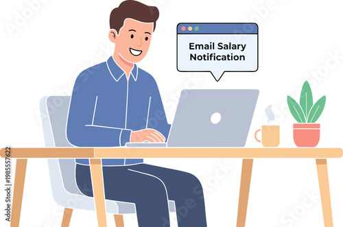 Man sitting at desk receiving email salary notification on laptop