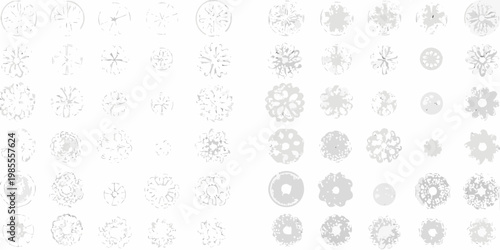 Abstract arrangement of numerous circular floral and snowflake like shapes