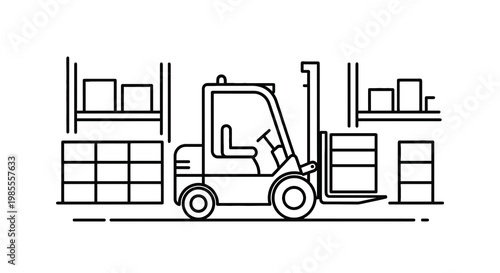 Forklift truck in warehouse interior line art style industrial vehicle storage shipping logistics distribution and delivery equipment
