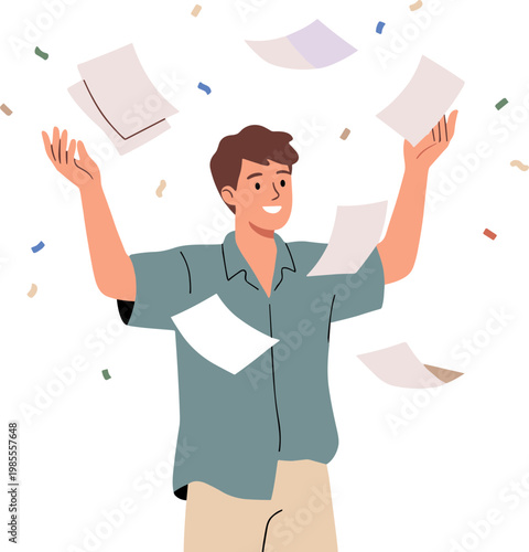 A man throws papers in the air with celebration confetti around him indoors.