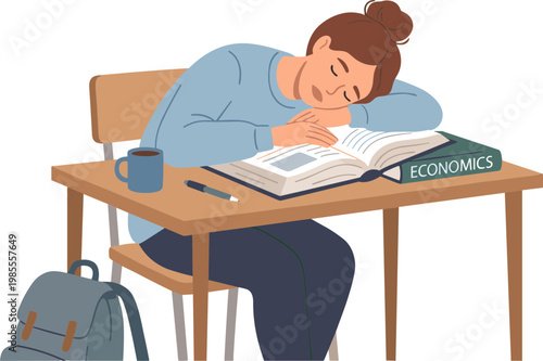 A woman sleeps on a desk with an economics book and coffee
