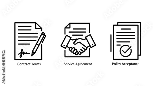 Contract terms handshake agreement policy acceptance icons with business transaction legal document partnership agreement contract signing business icon contract handshake agreement acceptance