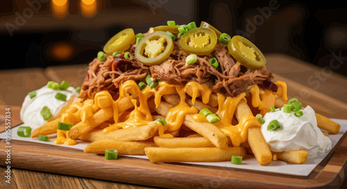 Crispy loaded french fries with melted cheddar cheese shredded pork sour cream and jalapeños in cartoon style illustration