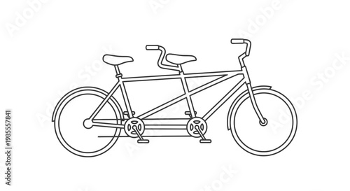 Tandem bicycle line art illustration two-seater bike in outline style black and white vehicle drawing tandem bike for couple activity