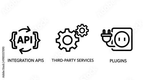 Integration ap is third-party services plugins icons with add on integration application programming interface services software development technology connection component functionality