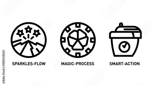 Sparkles flow magic process smart action icons with line art black and white sparkles abstract illustration collection creativity innovation progress celebration technology automation