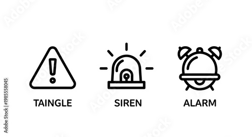 Warning triangle siren alarm clock icons with triangle exclamation attention emergency schedule notification reminder security protection monitoring detection response important critical