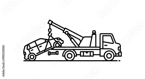 Tow truck with hydraulic arm lifting damaged car illustration in black line style side view design for vehicle recovery and assistance