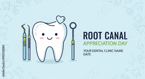 Root Canal Appreciation Day banner, cute smiling tooth character with dental tools, stomatology clinic promotional vector illustration
