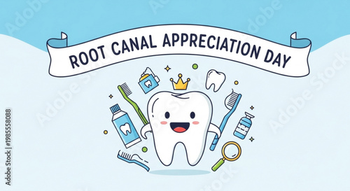 Root Canal Appreciation Day banner, cute cartoon tooth character with dental care icons, blue oral health awareness vector illustration