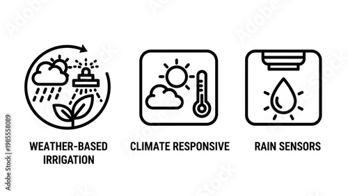 Weather-based irrigation climate responsive rain sensors icons with smart farming water management water conservation line art irrigation agriculture technology thermometer automatic forecast