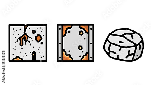 Cracked concrete block rusted metal frame rock icons with wear and tear weathered corrosion concrete material construction building structure fragment dilapidated deteriorated industrial
