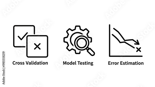 Machine learning workflow icons: cross validation model testing error estimation with data science artificial intelligence algorithm validation estimation analysis computer technology research