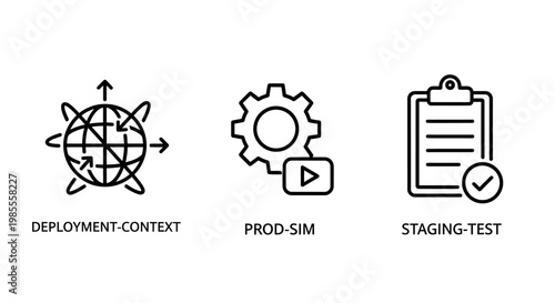 Software development icons: deployment context production simulation staging test with deployment simulation production workflow technology computer programming application illustration