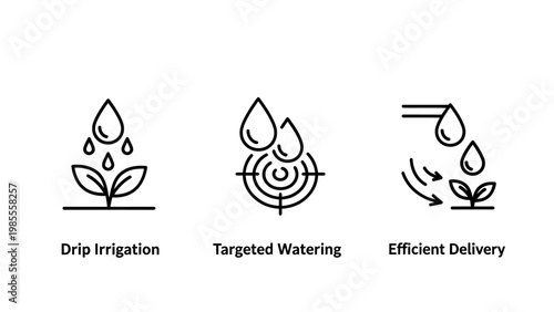 Set of icons for drip irrigation targeted watering efficient water delivery to plants agriculture technology irrigation system water management water conservation save water eco friendly