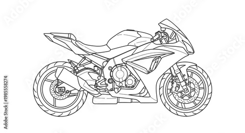 Detailed vector illustration of a modern sportbike; line art design emphasizing aerodynamics and mechanical components in black and white