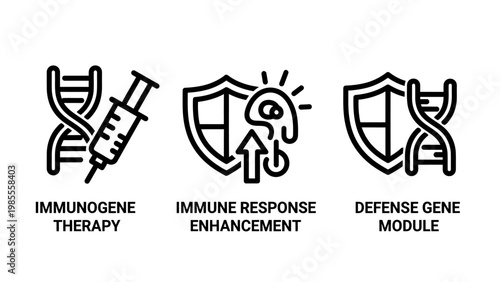 Immunogene therapy and defense gene module line icons set illustrating immune response enhancement and medical biotechnology concepts with biotechnology response enhancement protection research