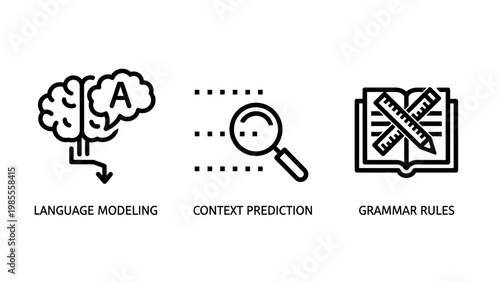 Artificial intelligence language modeling context prediction grammar rules line icons machine learning magnifying glass line art natural language processing linguistics learning algorithm