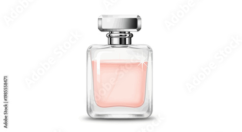 Elegant square perfume bottle with silver cap filled with light pink essence isolated on white background for cosmetic marketing