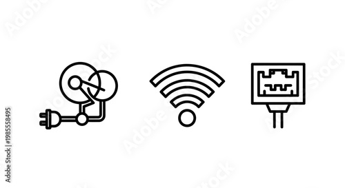 Essential connectivity and hardware interface icons representing electrical power connection wireless network wifi and ethernet port data transmission with connectivity hardware electricity